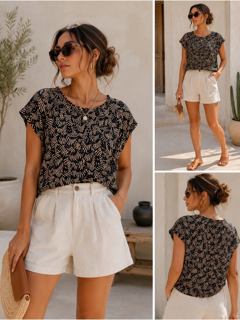 Xai Women’s Crop Top Blouse Black Beige Abstract Print Size L Short Sleeve